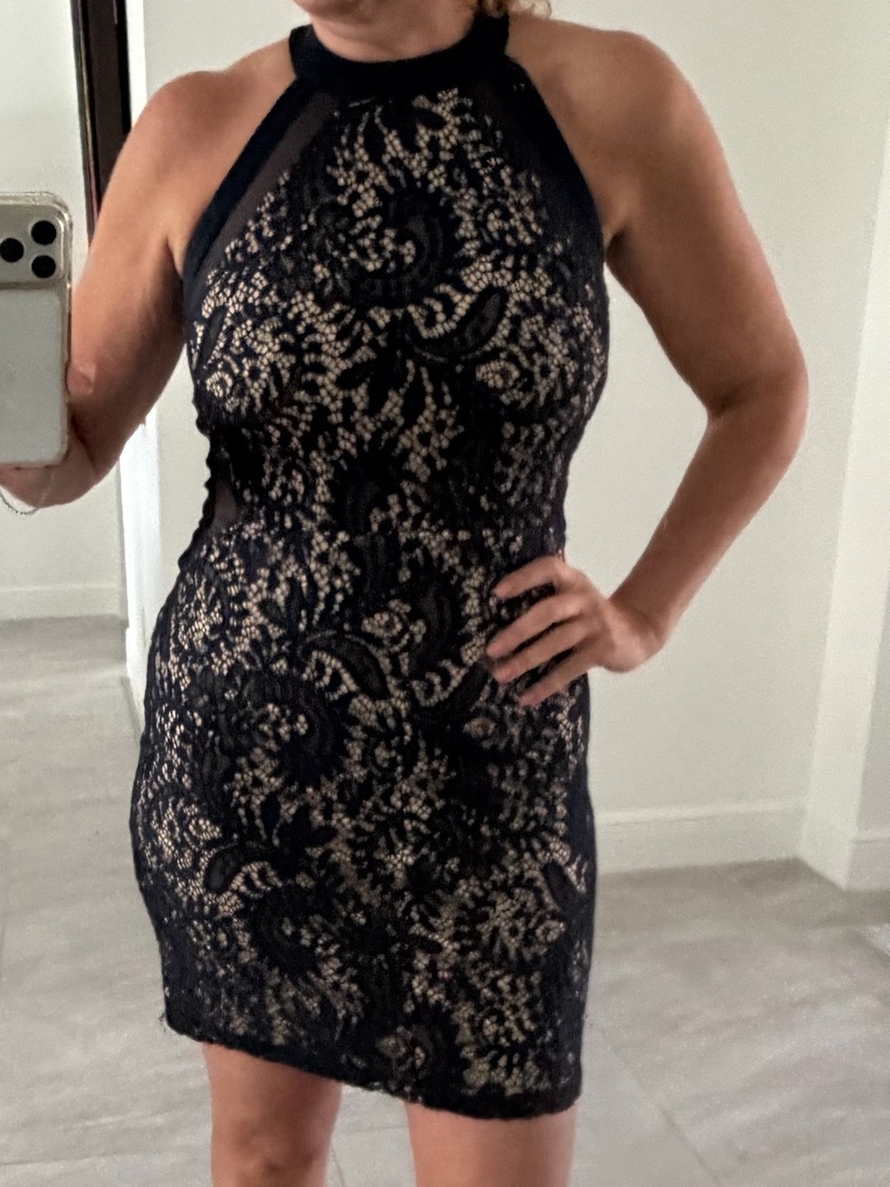 Halter Lace-Overlay Mini Dress in Navy Blue